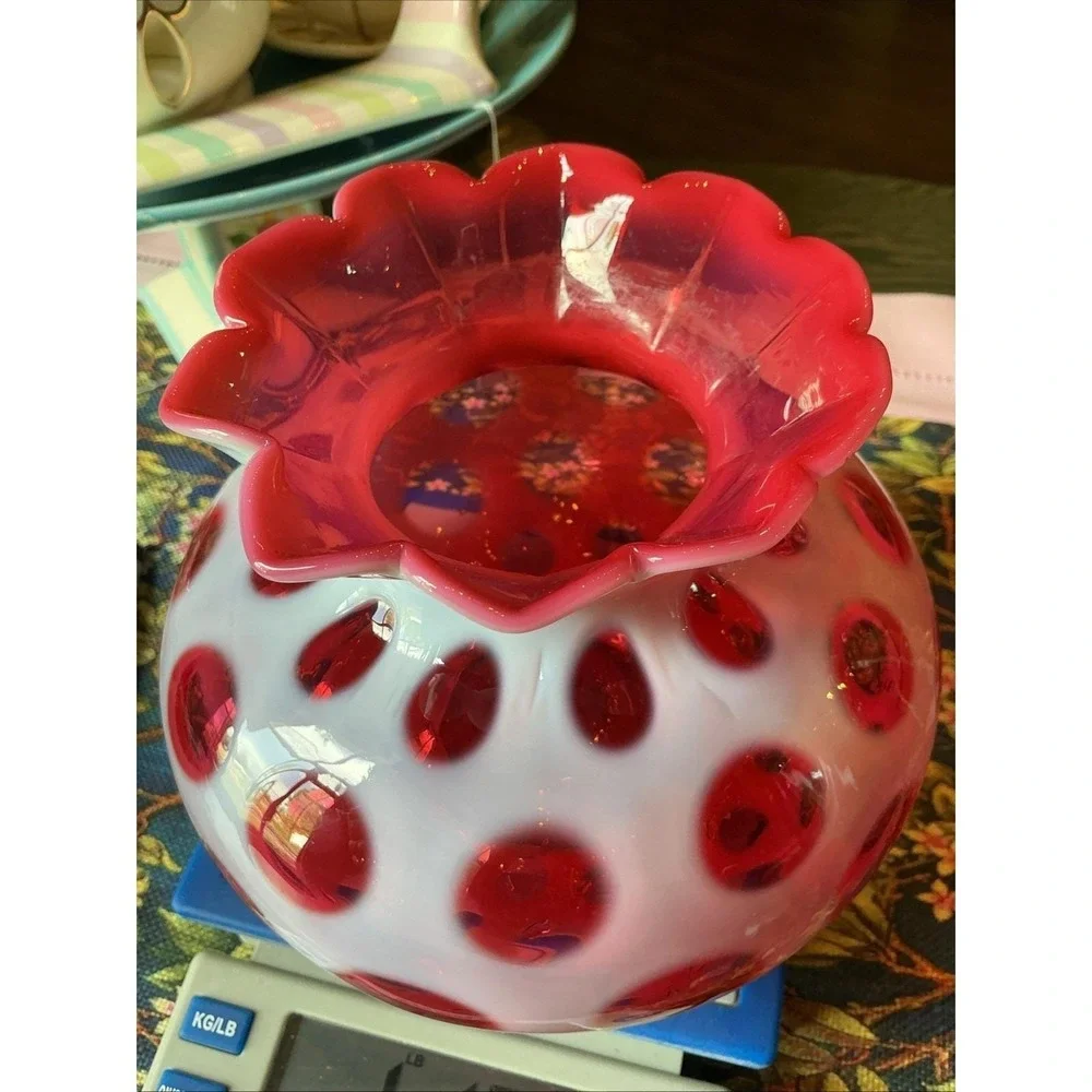 Vintage FENTON MCM Cranberry Opalescent Coin‎ Dot Art Glass Vase 6.5
